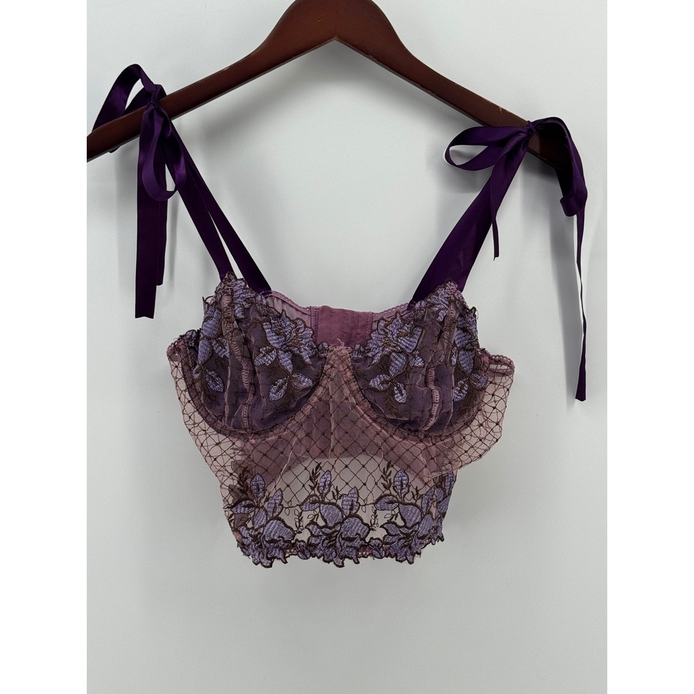 Floral‎ Lace Bustier Top Purple Mesh Underwire Ribbon Tie Straps Size L